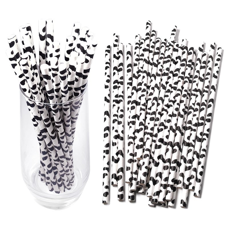 EaciTown Cow Print Paper Straws Cowboy Straws Cow Party Favors Cowgirl Baby Shower Decorations Farm Birthday Party Supplies  Standard  Black/White - Image 1
