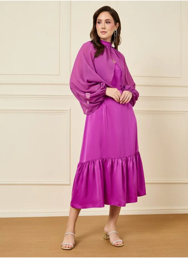 Styli High Neck Cape Sleeve A-Line Midi Dress