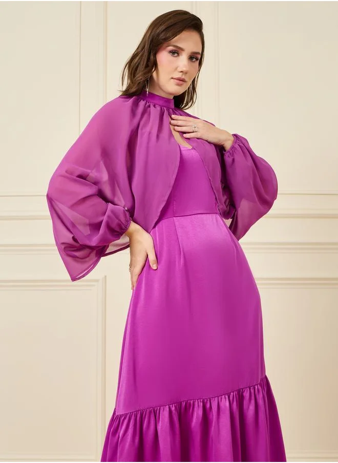 Styli High Neck Cape Sleeve A-Line Midi Dress