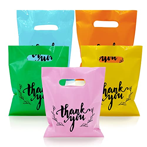 KEEPARTY 100 PCS Small Thank You Merchandise Bags Plastic Goodie Bags Party Favor Bags for Birthday Party Baby Shower Wedding Merchandise Gifts Trade Shows (Five Colors) - Image 2