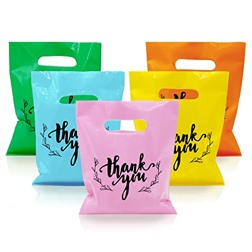 KEEPARTY 100 PCS Small Thank You Merchandise Bags Plastic Goodie Bags Party Favor Bags for Birthday Party Baby Shower Wedding Merchandise Gifts Trade Shows (Five Colors) - Image 1