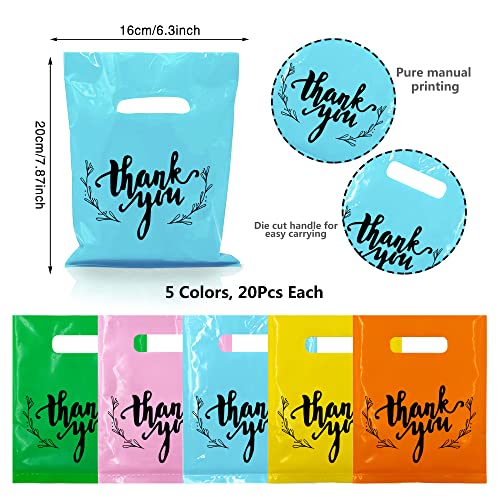 KEEPARTY 100 PCS Small Thank You Merchandise Bags Plastic Goodie Bags Party Favor Bags for Birthday Party Baby Shower Wedding Merchandise Gifts Trade Shows (Five Colors) - Image 3