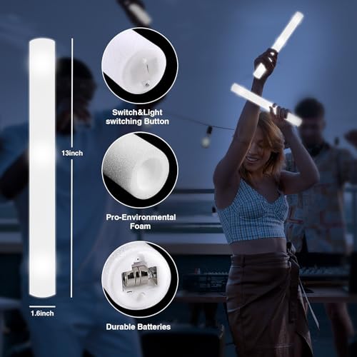 YOFOBU 48Pack LED Glow Foam Sticks BulkLight Up Glow Sticks with 3 Flashing ModesWhite Glow Wands Party PackGlow In The Dark Party Supplies for EasterJuly 4th WeddingBirthdayConcert - Image 5