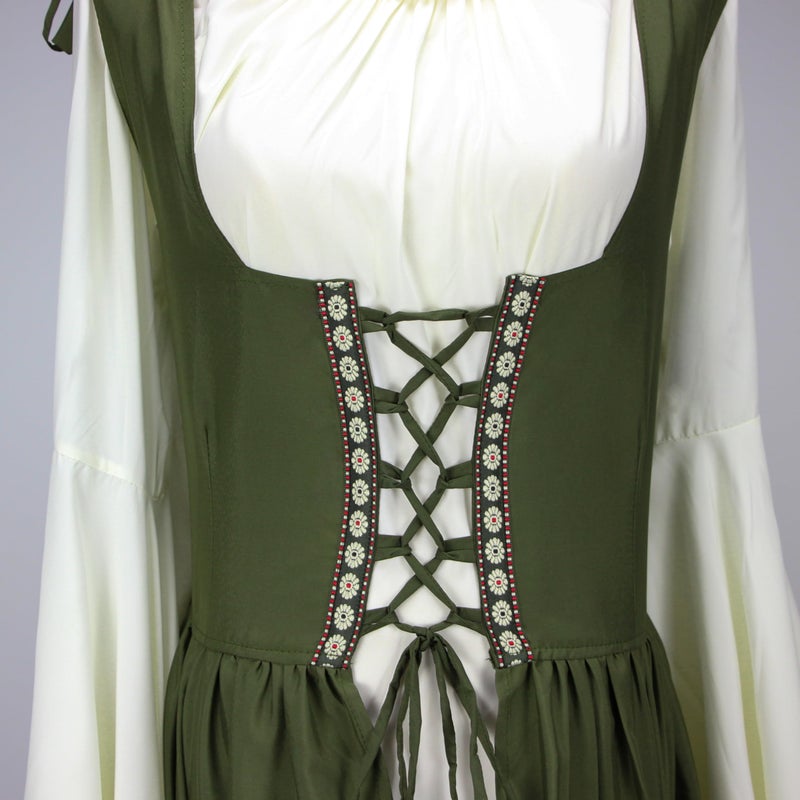 Abaowedding Womens's Medieval Renaissance Costume Cosplay Chemise and Over Dress Small/Medium Olive and Ivory - Image 5