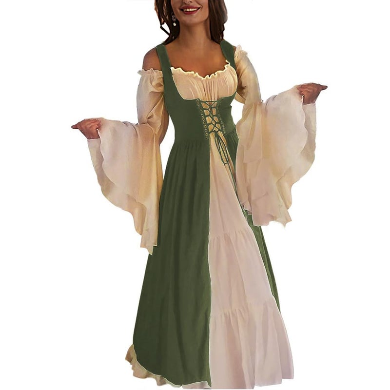 Abaowedding Womens's Medieval Renaissance Costume Cosplay Chemise and Over Dress Small/Medium Olive and Ivory - Image 2
