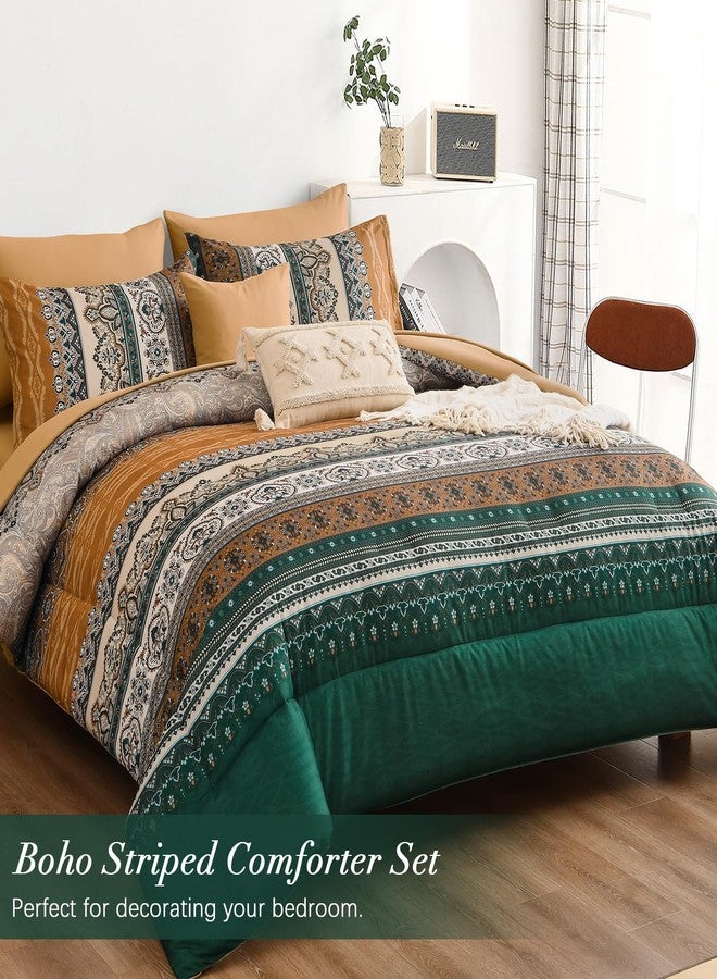 Cottolester Boho Comforter Set Queen Size,8 Pieces Brown and Green Bohemian Striped Bed in a Bag,Paisley Soft Microfiber Bedding Comforter Set - Image 2