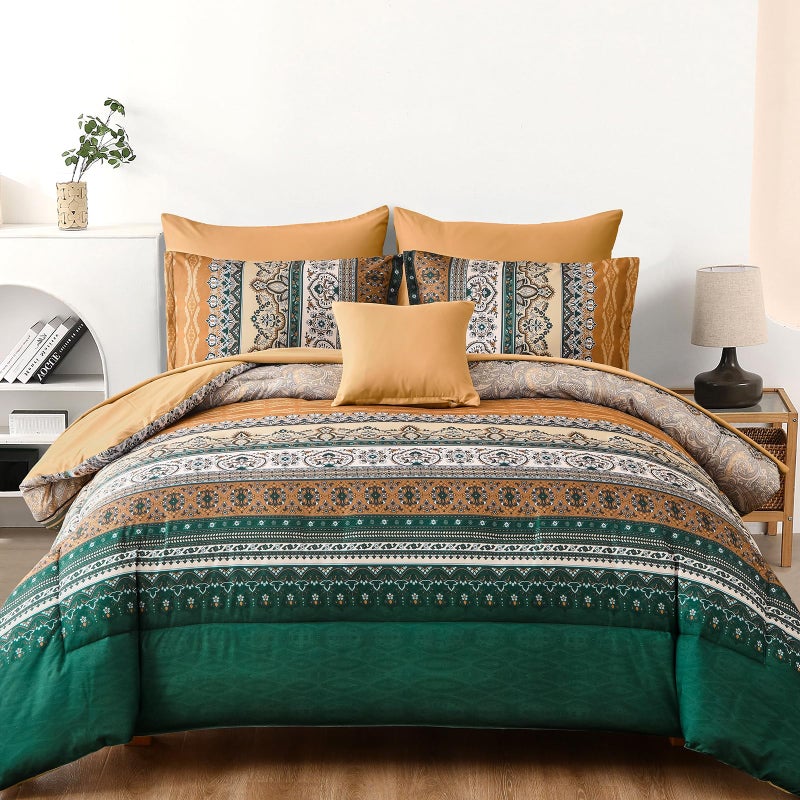 Cottolester Boho Comforter Set Queen Size,8 Pieces Brown and Green Bohemian Striped Bed in a Bag,Paisley Soft Microfiber Bedding Comforter Set - Image 1