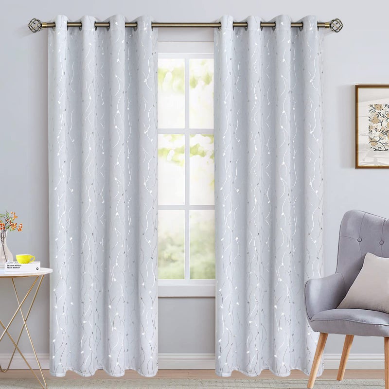 BGment الستائر البيضاء البيضاء 108 بوصة طول 2 لوحات جروم غرفة معزولة حرارية معزولة الستائر نافذة النافذة مع خط الموجة ونقاط مطبوعة لغرفة النوم 52 × 108 بوصة رمادية بيضاء - Image 2