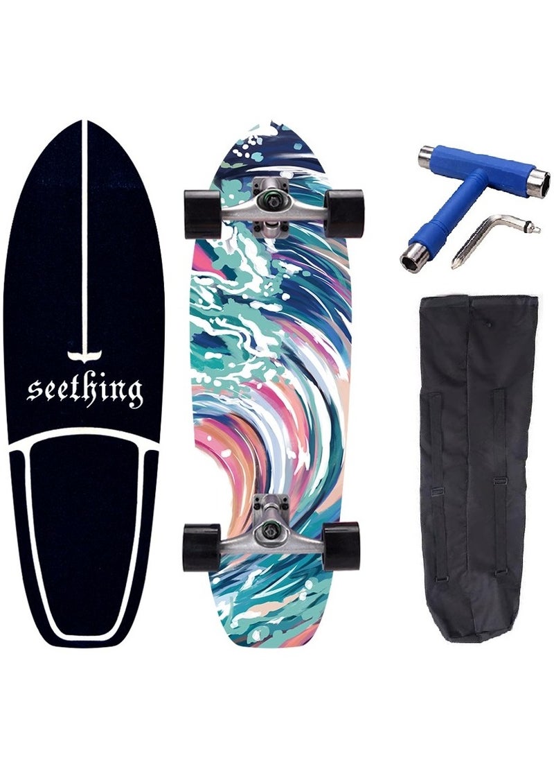 Seething 30 Inch CX4 Surf Skateboard With Backpack & Tool, Dream Ocean Wave 