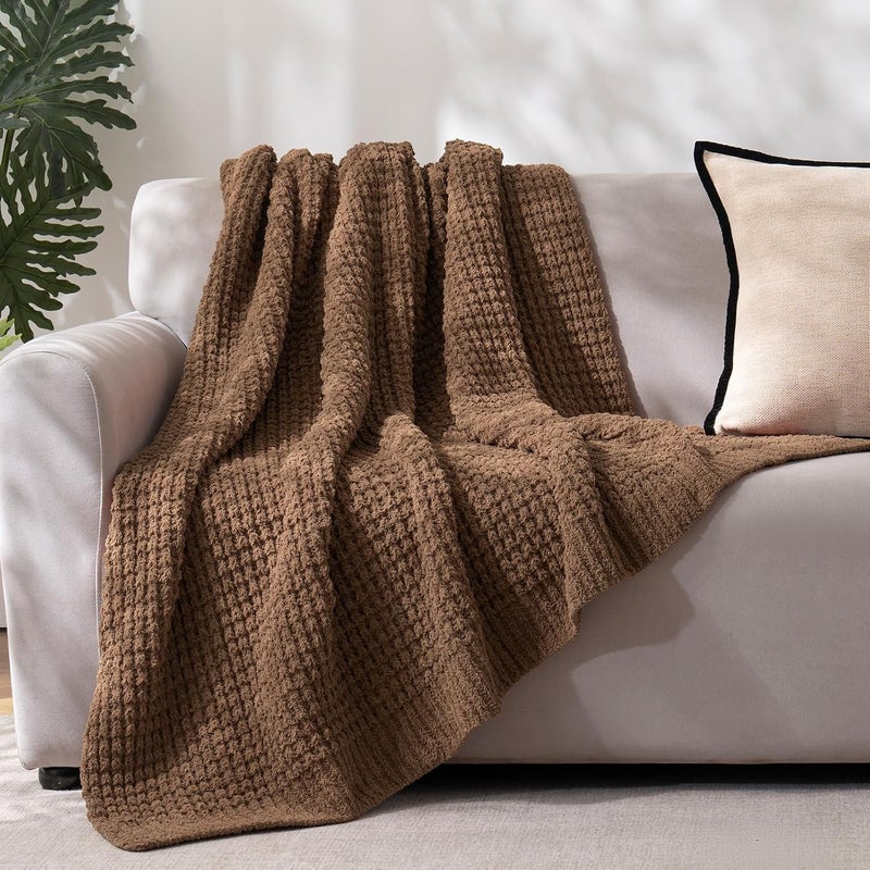 PHF Chenille Waffle Knit Throw Blanket- Plush Warm & Cozy 50" x 60" Ultra Soft Blanket- Chunky Fluffy Waffle Throw Blanket for Couch Bed Sofa - Cocoa Brown - Image 1
