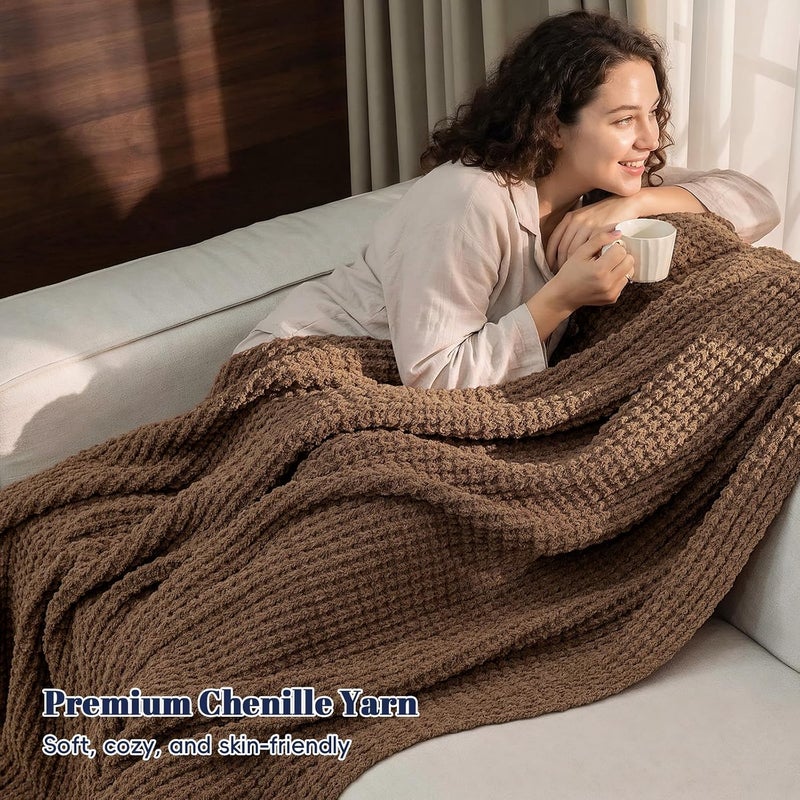 PHF Chenille Waffle Knit Throw Blanket- Plush Warm & Cozy 50" x 60" Ultra Soft Blanket- Chunky Fluffy Waffle Throw Blanket for Couch Bed Sofa - Cocoa Brown - Image 2