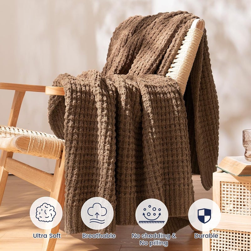 PHF Chenille Waffle Knit Throw Blanket- Plush Warm & Cozy 50" x 60" Ultra Soft Blanket- Chunky Fluffy Waffle Throw Blanket for Couch Bed Sofa - Cocoa Brown - Image 3