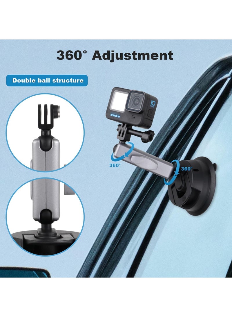 ارواق حامل شفط لكاميرات GoPro، حامل كاميرا الحركة في السيارة لكاميرات Insta360، محول رأس كروي مزدوج للزجاج الأمامي للسيارة والنافذة - Image 3