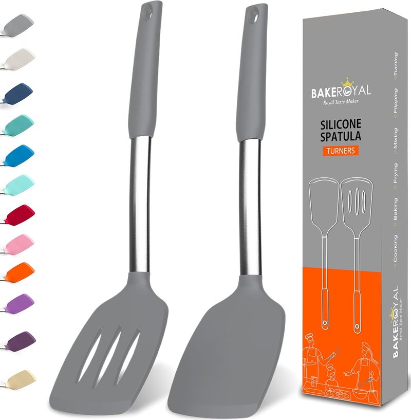 BAKEROYAL Silicone Spatula Set - Turner Spatulas Silicone Heat Resistant 600°F - Slotted & Solid Spatula for Cooking Fish, Eggs, Pancakes Flipper – Spatulas for kitchen use – Gray - Image 1