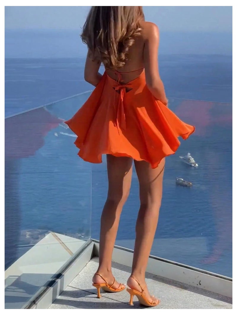 MakeMeChic Women's Halter Dress Tie Open Back Twist Sleeveless Flowy A Line Mini Dresses Orange Large - Image 3