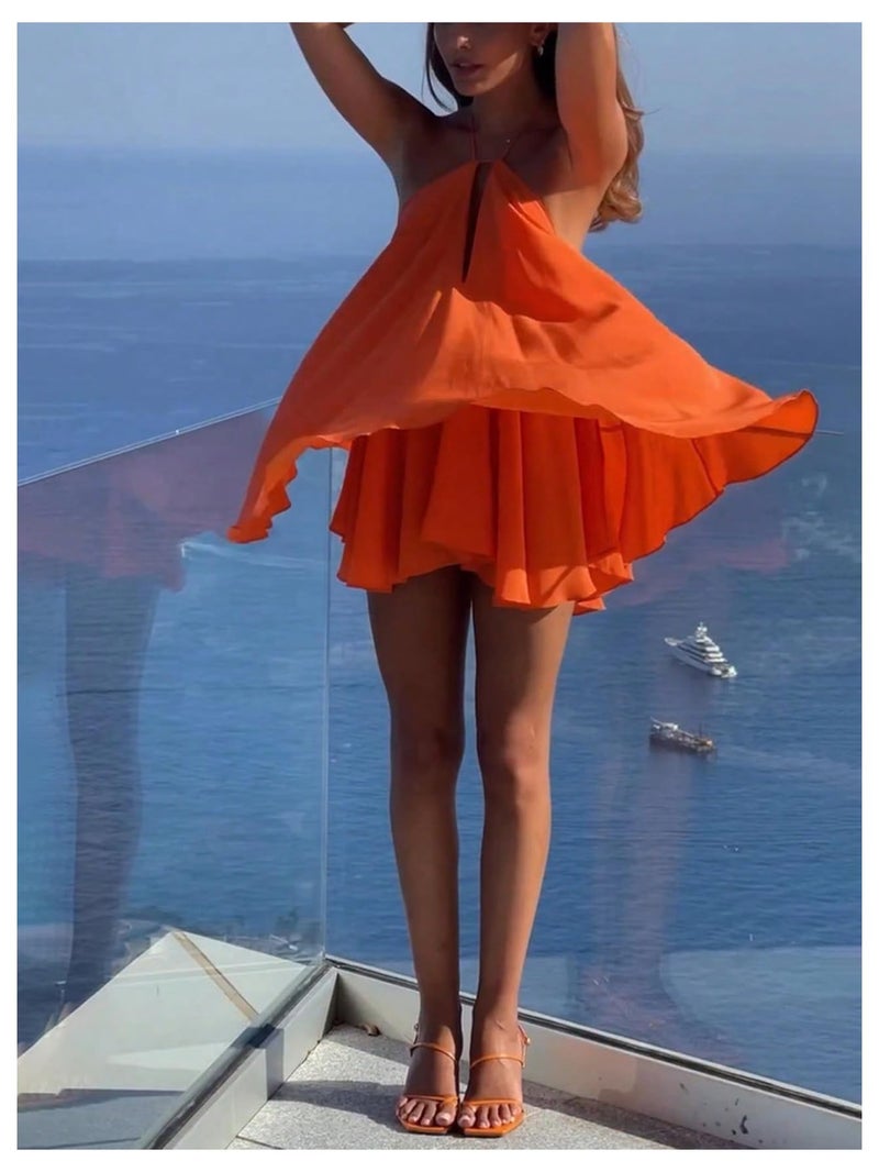 MakeMeChic Women's Halter Dress Tie Open Back Twist Sleeveless Flowy A Line Mini Dresses Orange Large - Image 4