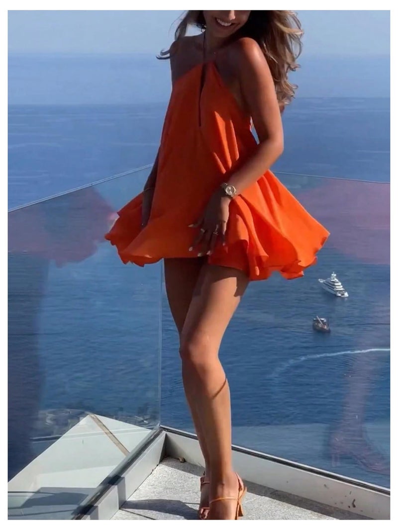 MakeMeChic Women's Halter Dress Tie Open Back Twist Sleeveless Flowy A Line Mini Dresses Orange Large - Image 2