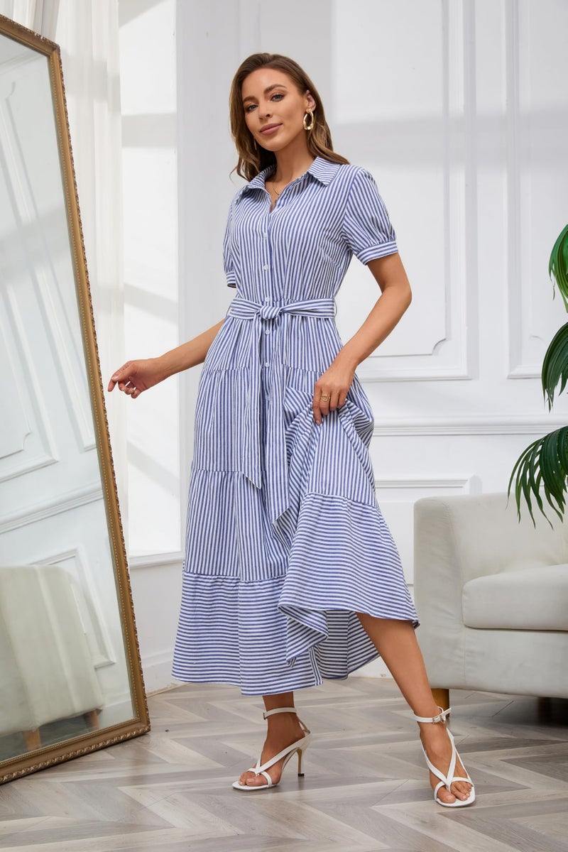 utcoco Womens Casual Short Sleeve Button Down Tie Waist Ruffled Striped Maxi Shirt Dress (Medium, Blue) - Image 2