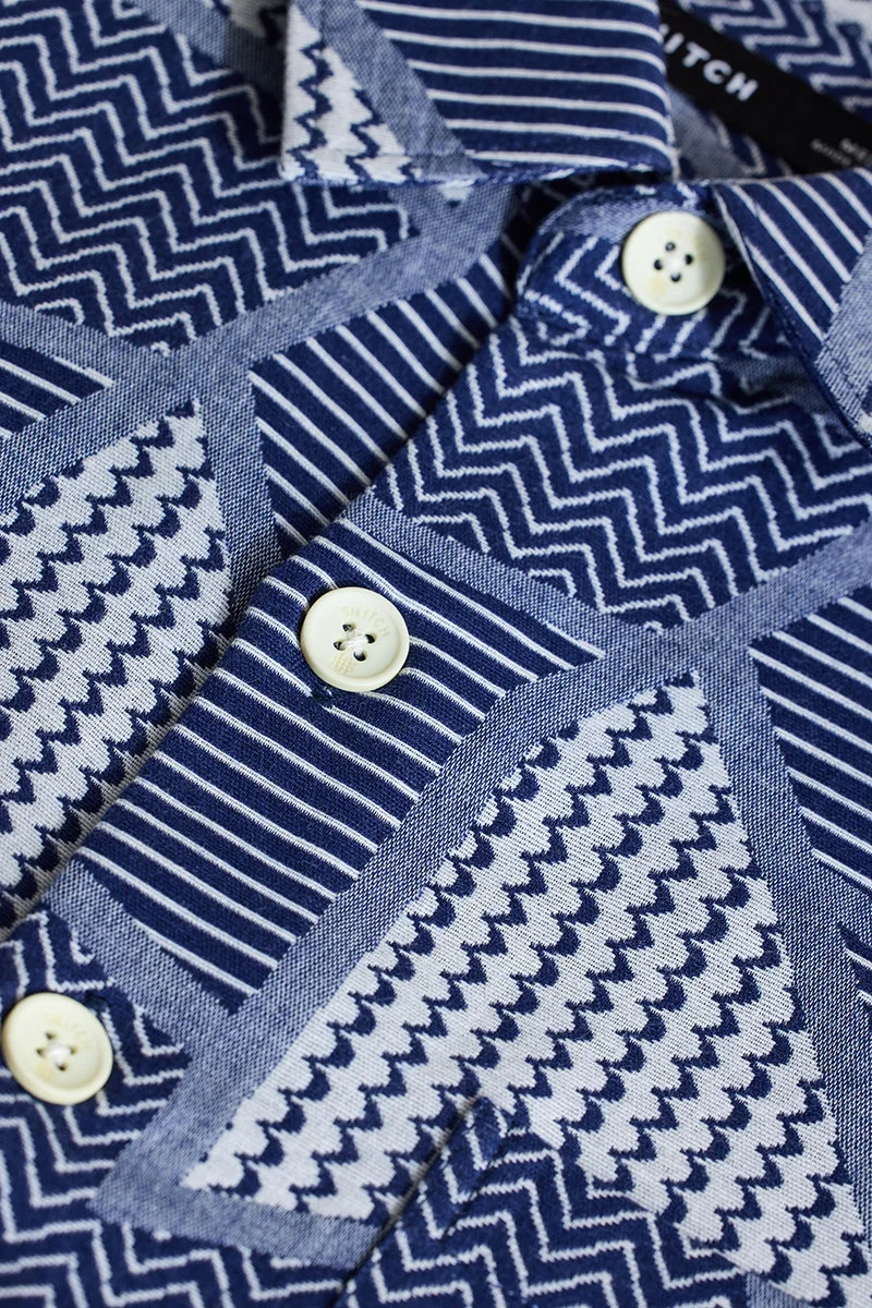 SNITCH Blue Geometric Relaxed Fit Overshirt