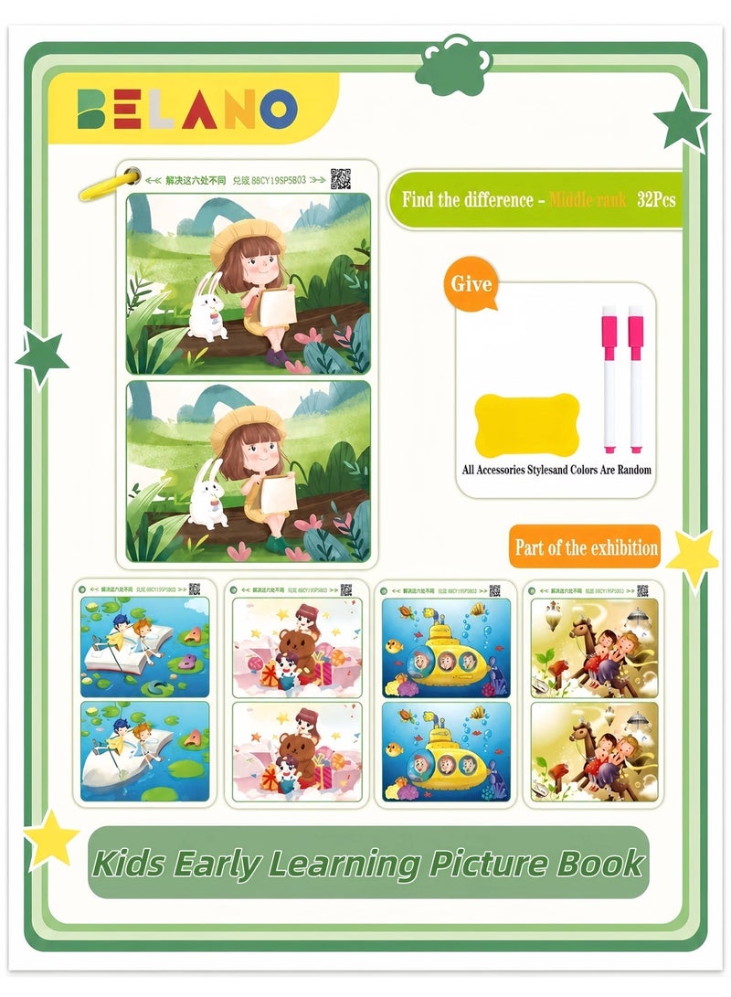 BELANO Find The Differences Early Development Toys Intermediate Level 6 Differences, Erasable Picture Cards Cognitive Focus Training Game for Kids Age 3-6 - Image 1