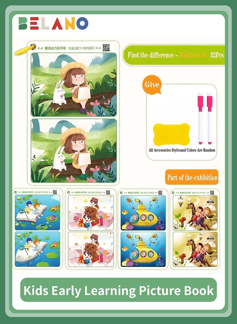 BELANO Find The Differences Early Development Toys Intermediate Level 6 Differences, Erasable Picture Cards Cognitive Focus Training Game for Kids Age 3-6 - Image 1