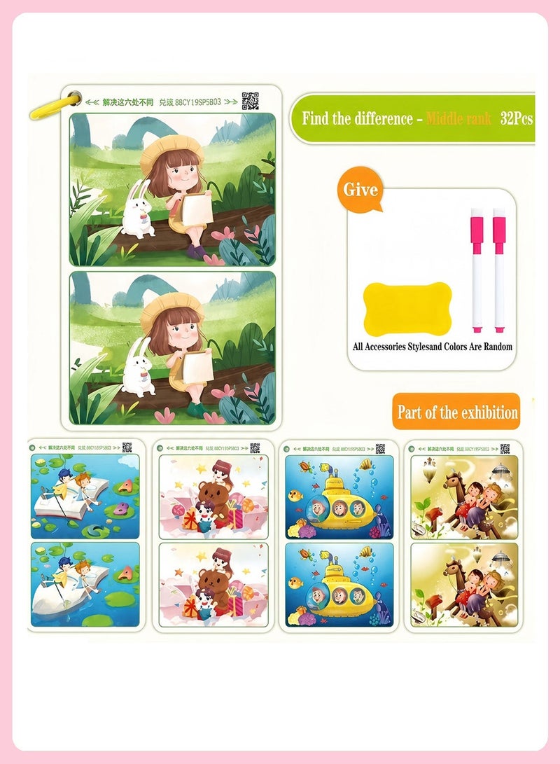 BELANO 32 Pcs Spot the Difference Cards Set for Kids, Reusable Dry Erase Activity Cards with 2 Markers & 1 Eraser, Focus Concentration Training Educational Game for Boys Girls - Image 2