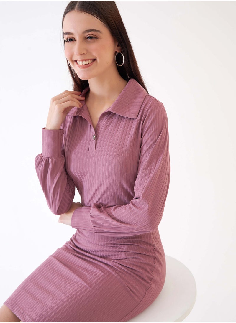 Salt Attire Women's Dusty Pink Rib Knit Sheath Dress - Collared V-Neckline, Full-Length Bishop Sleeves, Above-the-Knee Length  - Image 4