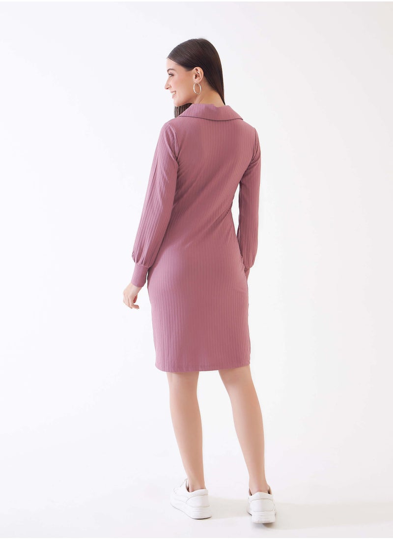 Salt Attire Women's Dusty Pink Rib Knit Sheath Dress - Collared V-Neckline, Full-Length Bishop Sleeves, Above-the-Knee Length  - Image 5