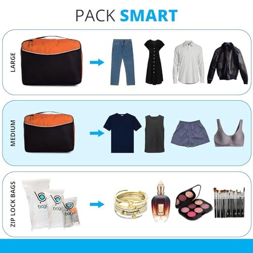 bago 7 Pcs Packing Cubes For Travel - 4 Packing Cube with 3 ZipLock Bags - Travel Cubes to Get Maximum Storage, Save Time & Effort to Pack - Happy Traveling (Orange) - Image 5
