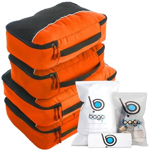 bago 7 Pcs Packing Cubes For Travel - 4 Packing Cube with 3 ZipLock Bags - Travel Cubes to Get Maximum Storage, Save Time & Effort to Pack - Happy Traveling (Orange) - Image 1