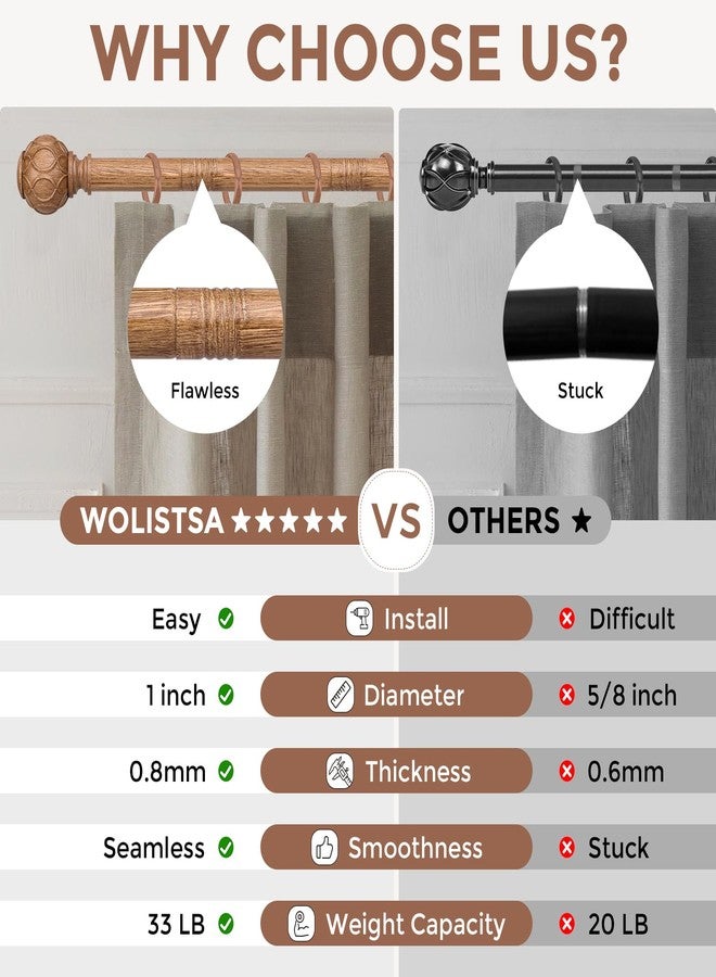 Wolistsa Wood Curtain Rods for Windows 48 to 84 Inch, Boho Vintage Decorative 1 Inch Wooden Curtain Rod, Adjustable Heavy Duty Rustic Farmhouse Drapery Pole with Netted Imitation Wood Grain Finials - Image 4