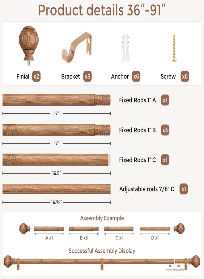 Wolistsa Wood Curtain Rods for Windows 48 to 84 Inch, Boho Vintage Decorative 1 Inch Wooden Curtain Rod, Adjustable Heavy Duty Rustic Farmhouse Drapery Pole with Netted Imitation Wood Grain Finials - Image 5