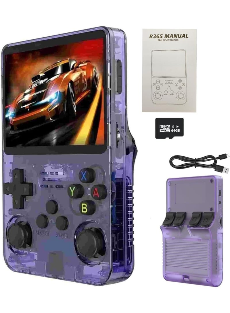 R36S Retro Handheld Gaming Console – 64GB Card – 3.5" IPS Screen – Portable Linux Emulator – Classic Games Player (Purple) - Image 1