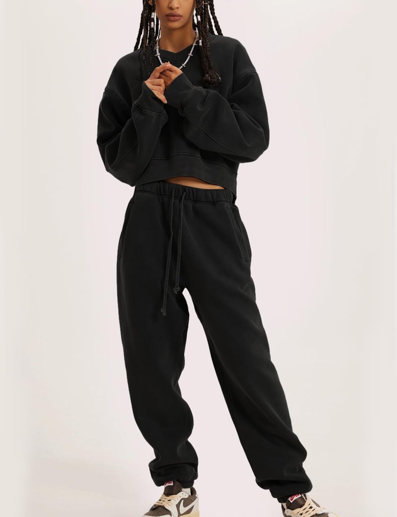 Flygo Women Sweat Set Sweatsuit Fleece 2 Piece Joggers Tracksuit Outfits Crop Sweatshirt Sweatpants Sets(Black-L) - Image 4