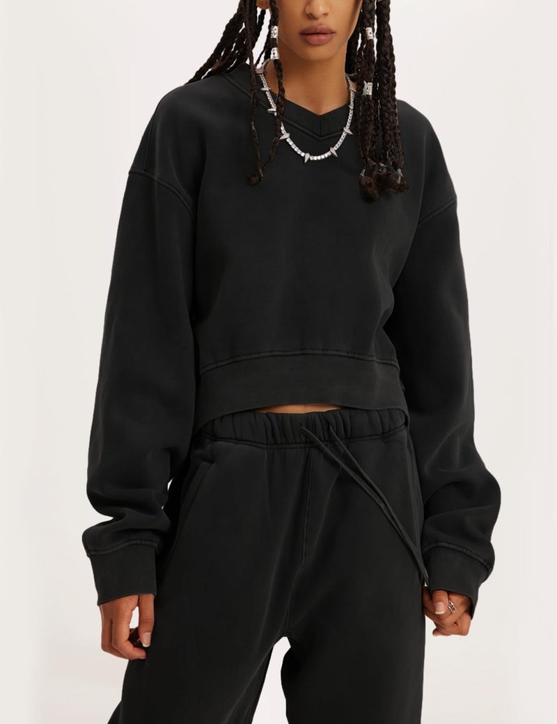 Flygo Women Sweat Set Sweatsuit Fleece 2 Piece Joggers Tracksuit Outfits Crop Sweatshirt Sweatpants Sets(Black-L) - Image 2