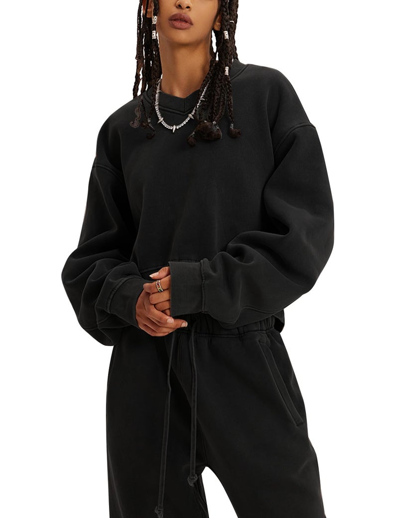 Flygo Women Sweat Set Sweatsuit Fleece 2 Piece Joggers Tracksuit Outfits Crop Sweatshirt Sweatpants Sets(Black-L) - Image 1