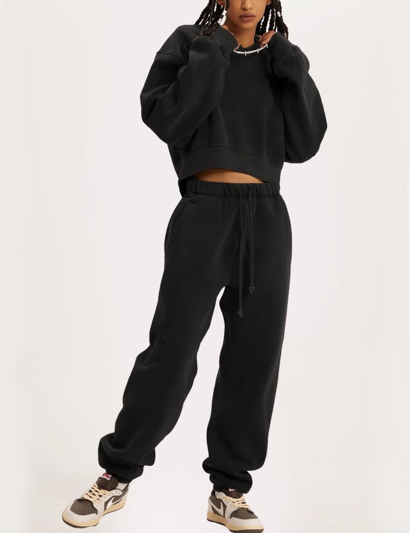 Flygo Women Sweat Set Sweatsuit Fleece 2 Piece Joggers Tracksuit Outfits Crop Sweatshirt Sweatpants Sets(Black-L) - Image 3