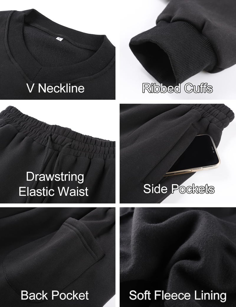 Flygo Women Sweat Set Sweatsuit Fleece 2 Piece Joggers Tracksuit Outfits Crop Sweatshirt Sweatpants Sets(Black-L) - Image 5