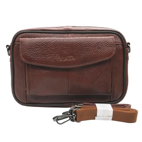 Vidlea Mens Handbag Cowhide Leather Messenger Bag Organizer Checkbook Wallet Purse with Wristlet Crossbody Shoulder Strap (Tan) - Image 1