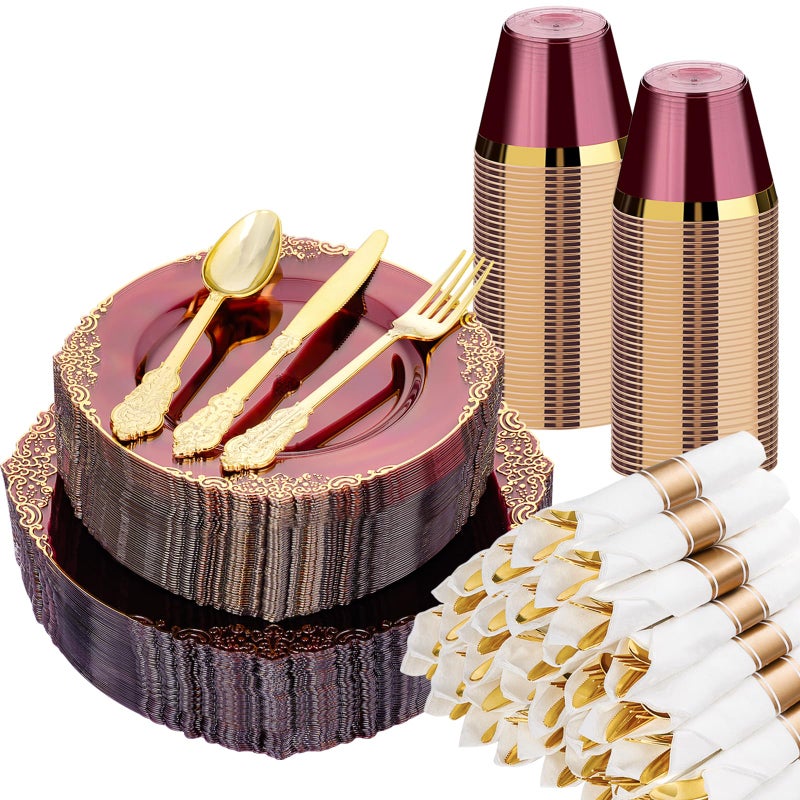 Bestluck 350 PCS Burgundy and Gold Plastic Plates Disposable Dinnerware Set for 50 Guests 100 Disposable Plates 150 Silverwares 50 Cups 50 Napkins for Wedding Party Graduation - Image 3