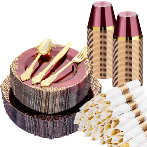 Bestluck 350 PCS Burgundy and Gold Plastic Plates Disposable Dinnerware Set for 50 Guests 100 Disposable Plates 150 Silverwares 50 Cups 50 Napkins for Wedding Party Graduation - Image 2