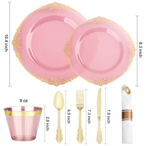 Bestluck 350 PCS Burgundy and Gold Plastic Plates Disposable Dinnerware Set for 50 Guests 100 Disposable Plates 150 Silverwares 50 Cups 50 Napkins for Wedding Party Graduation - Image 5