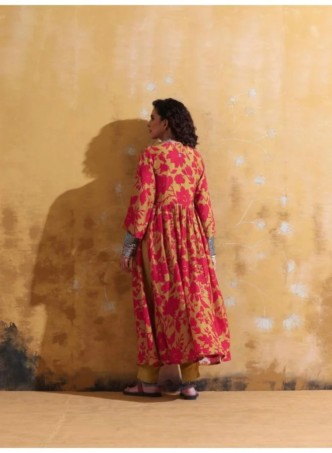 ترو برونز trueBrowns Red Mustard Jaal Print Muslin Silk Anarkali Kurta Set