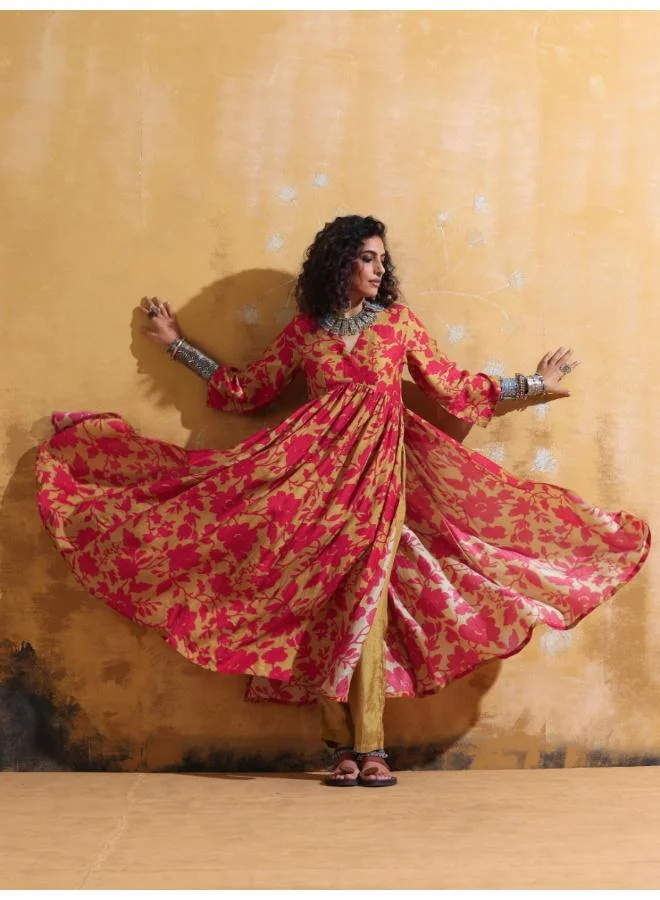 ترو برونز trueBrowns Red Mustard Jaal Print Muslin Silk Anarkali Kurta Set