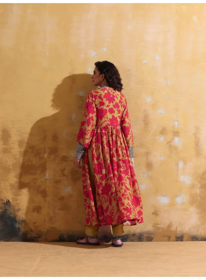 ترو برونز trueBrowns Red Mustard Jaal Print Muslin Silk Anarkali Kurta Set
