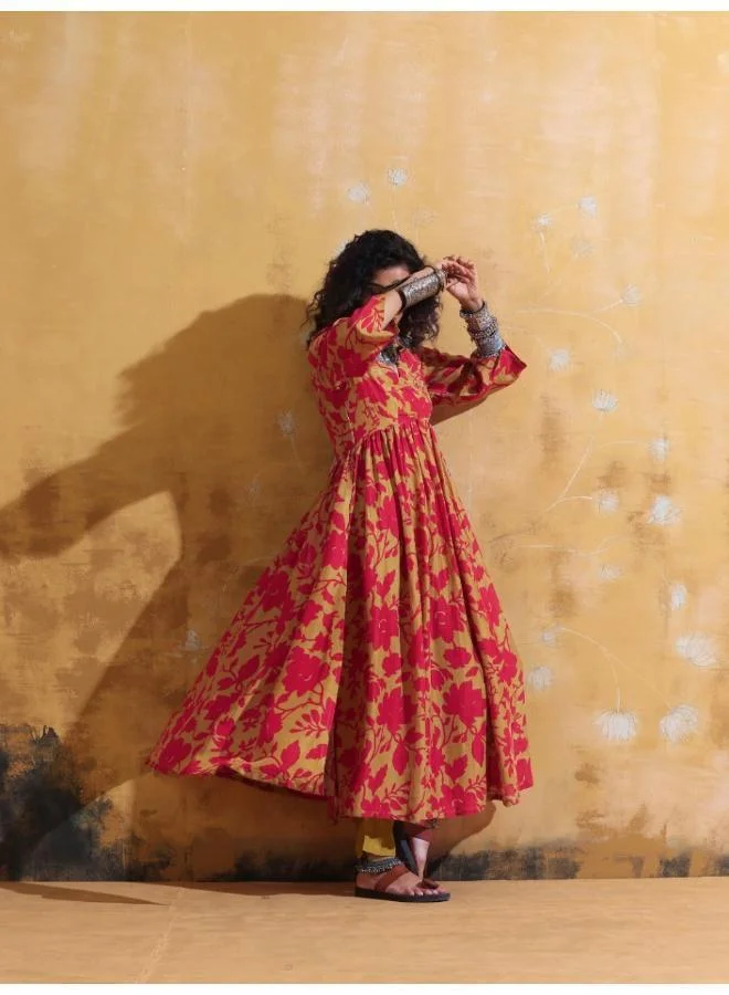 trueBrowns trueBrowns Red Mustard Jaal Print Muslin Silk Anarkali Kurta Set