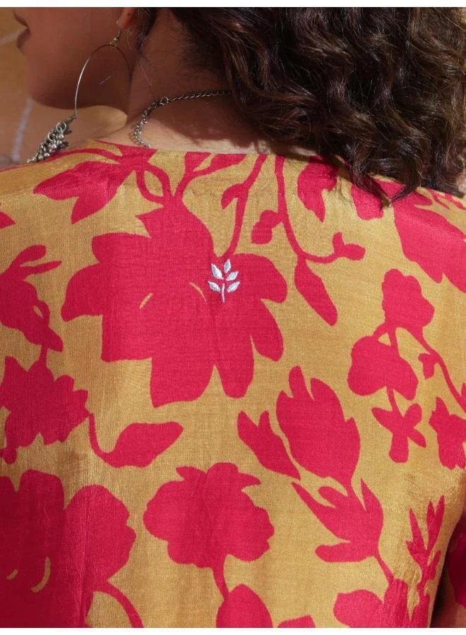 trueBrowns trueBrowns Red Mustard Jaal Print Muslin Silk Anarkali Kurta Set