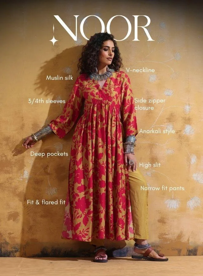 trueBrowns trueBrowns Red Mustard Jaal Print Muslin Silk Anarkali Kurta Set
