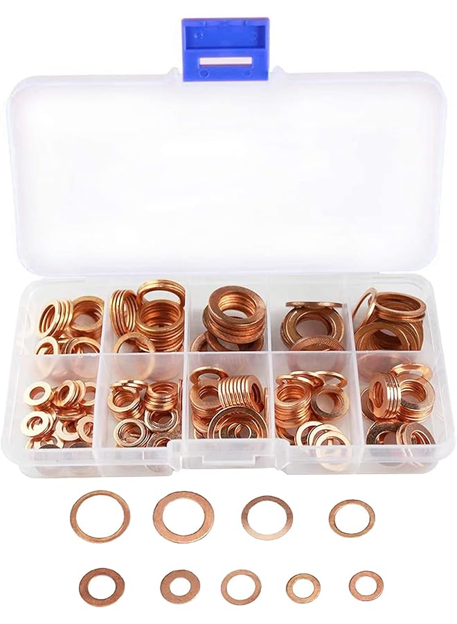Generic 200 Pieces Copper Washers Assortment Kit, 9 Sizes Metric Sealing Copper Washer Set Flat Ring Sump Plug Oil Seal Gasket Sealing Fitting Washers (M5 M6 M8 M10 M12 M14) - Image 1