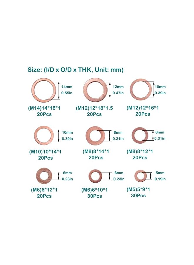 Generic 200 Pieces Copper Washers Assortment Kit, 9 Sizes Metric Sealing Copper Washer Set Flat Ring Sump Plug Oil Seal Gasket Sealing Fitting Washers (M5 M6 M8 M10 M12 M14) - Image 3